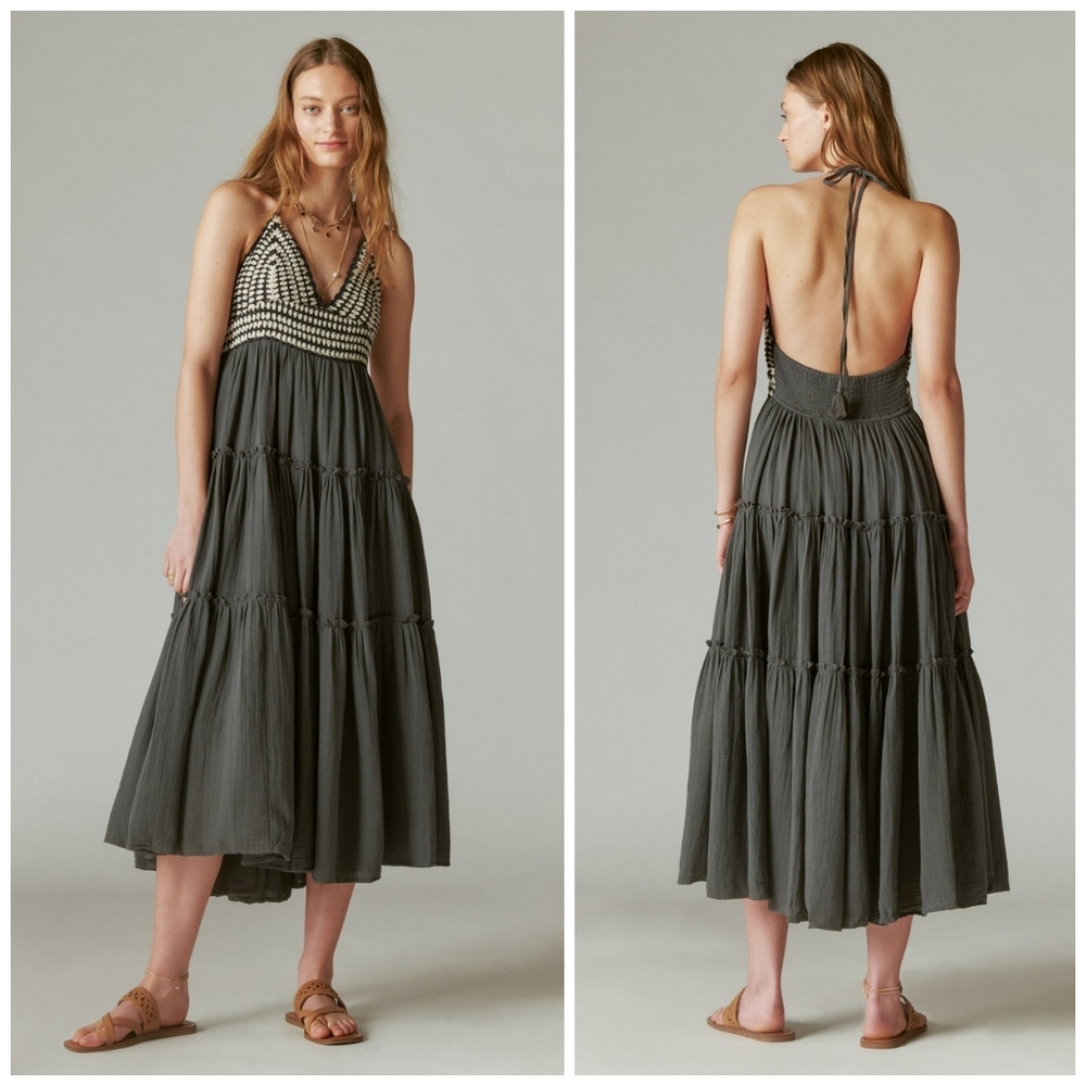 Lucky Brand crochet top tiered boho dress XS